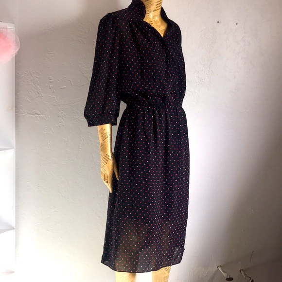 Vintage Dresses & Skirts - Vintage 80s Secretary Sheer Black Square Dot Dress by Tabby of California